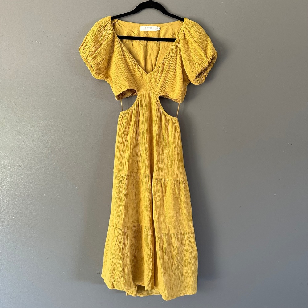 ASTR The Label Puff Sleeve Cutout Gauze Midi Dress in Mustard‎ Yellow SZ XS